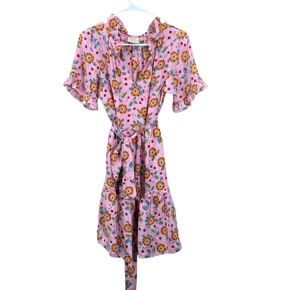 Rungolee Anthropologie Dress Small Womens Floral Belted Silk Short XS Pink